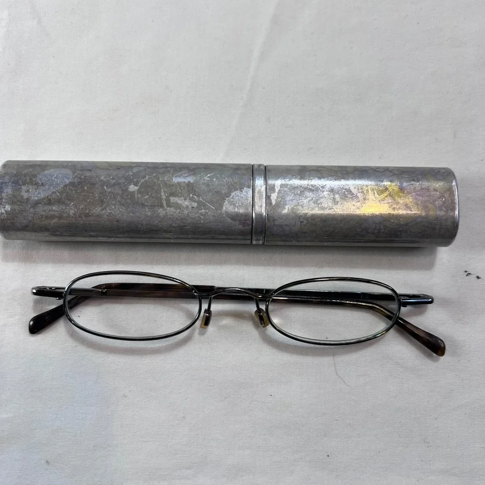 Vintage Oval Metal Reading Glasses +1.50 Magnification with Slim Metal Tube Case